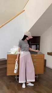 女韓系休閑蕾絲拼接牛仔后松緊九分闊腿褲 屁簾設計感 新款 2025夏季
