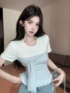 2025夏季 女假兩件蕾絲邊綁帶短袖 T恤純欲辣妹短款 獨特絕美51 新款