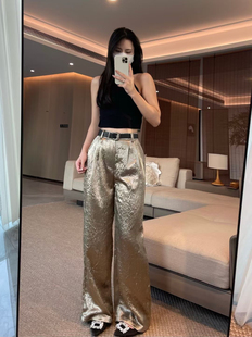 女輕奢氣質歐貨醋酸休閑輕薄直筒褶皺寬松闊腿褲 8889 新款 2025夏季