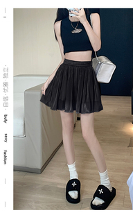2025夏季 大碼 女裝 胖mm洋氣遮肚顯瘦百褶裙短裙流光紗半身裙 新款