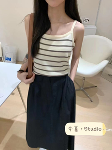 2025夏季 女韓系休閑百搭吊帶條紋背心外穿內(nèi)搭無胸墊有彈力 新款