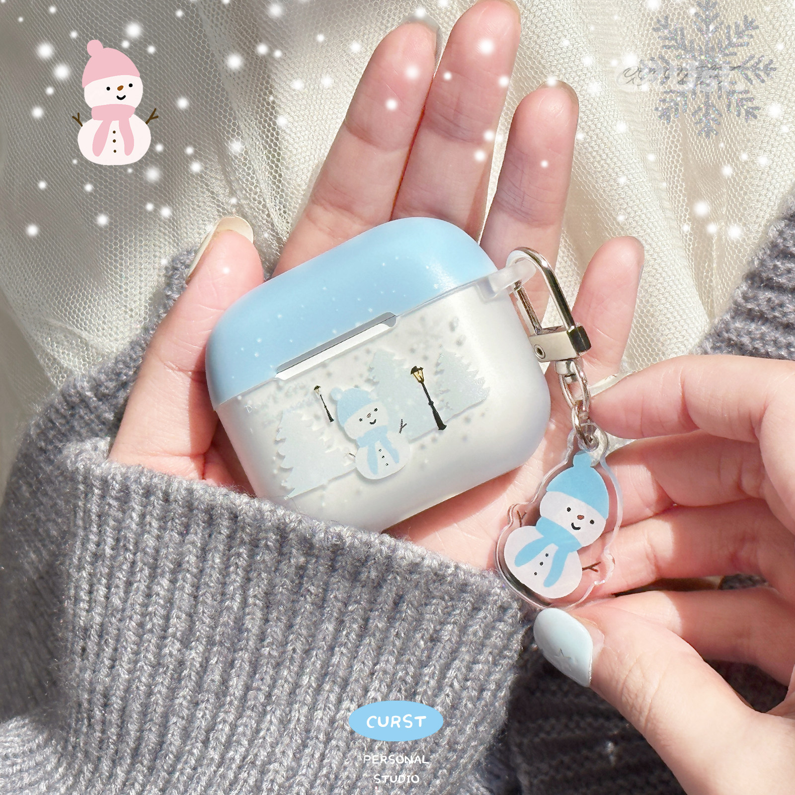 地壳说原创冬日雪人苹果耳机壳适用AirPods1/2/3/4/pro/pro2撞色磨砂半透可站立情侣保护套搭配挂饰韩系ins风,3C数码配件,耳机保护套,淘宝优惠券,粉丝福利购,淘宝优惠卷