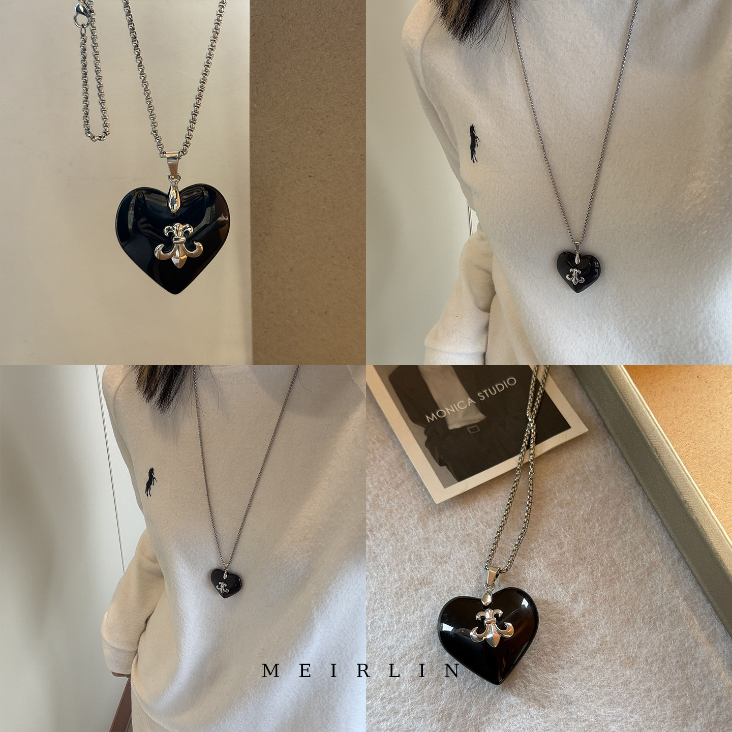 MEIRLINC黑色美式复古哥特风爱心甜酷街头情侣小众设计高级感百搭