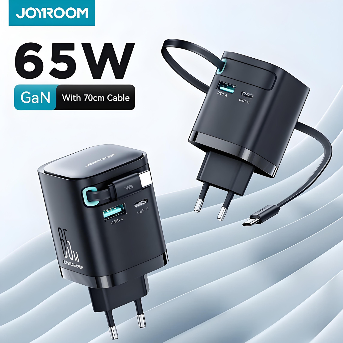 JOYROOM 欧规拉伸线氮化镓充电器收拉便携韩国插头65W欧标2圆脚USBC PD头Typec线适用苹果17iPhone16/15三星S