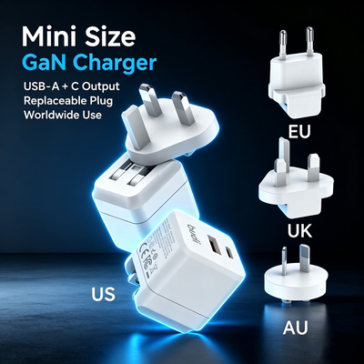 MINI小体积氮化镓充电器 多国家旅行插头可转换式 欧美英澳转接一体便携双口叉 USBA+C PD快充适用于苹果三星