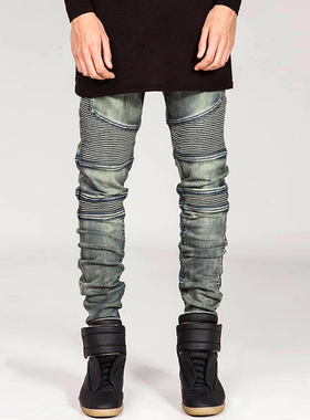 欧美BIKER JEANS侃爷裤怀旧机车皱褶牛仔裤复古弹力修身小脚裤潮