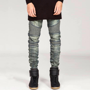 小脚裤 欧美BIKER 复古弹力修身 怀旧机车皱褶牛仔裤 潮 JEANS侃爷裤