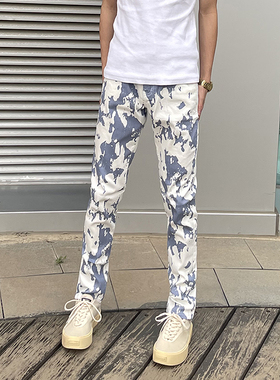 欧美原创个性印花裤潮流修身小脚裤男士弹力休闲裤青年直筒长裤