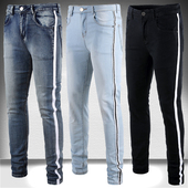 破洞小脚裤 FOG条纹牛仔裤 百搭ins 潮流韩版 男士 弹力休闲织带修身 裤