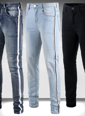 FOG条纹牛仔裤弹力休闲织带修身裤潮流韩版男士破洞小脚裤百搭ins