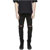 休闲百搭弹力小脚裤 男士 黑色 修身 秋冬潮流高街FOG膝盖破洞牛仔裤