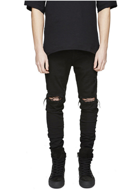 秋冬潮流高街FOG膝盖破洞牛仔裤修身男士休闲百搭弹力小脚裤黑色