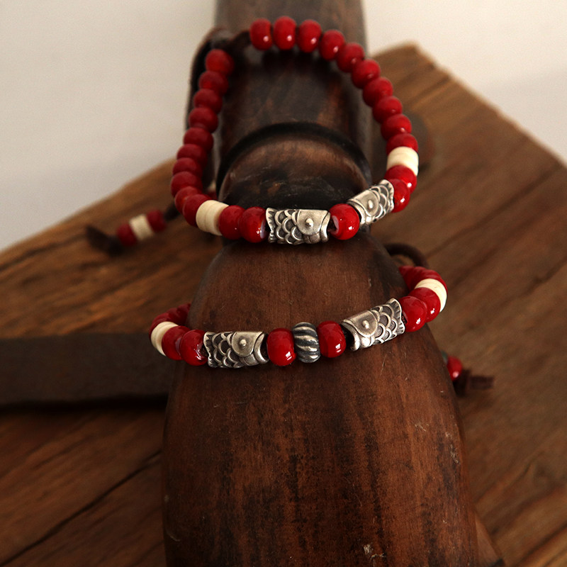 原创设计手工制作925纯银日式风格鲤鱼旗银珠琉璃珠休闲复古手链