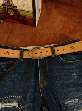 原创设计实心黄铜马蹄扣皮带头水洗做旧牛皮西部复古腰带男女皮带