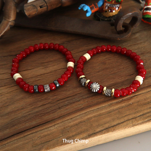 原创设计925纯银菊花珠印第安纳瓦霍复古琉璃珠手链手工锤纹珠