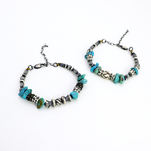 原创设计925纯银石榴花隔珠橄榄珠印第安松石手链男女复古手串