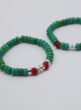 原创设计手工银饰日潮复古松石手链925纯银飞碟珠休闲情侣手环