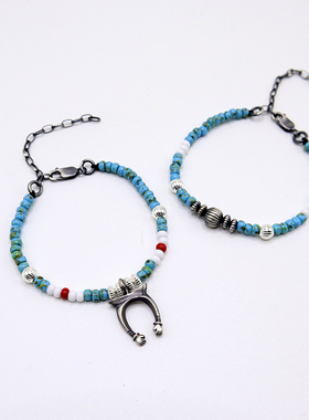 原创设计925纯银新月吊坠松石蓝琉璃珠手链印第安复古男女手串