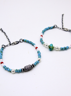 原创设计925纯银锤纹珠松石蓝琉璃珠复古手串印第安男女百搭手链