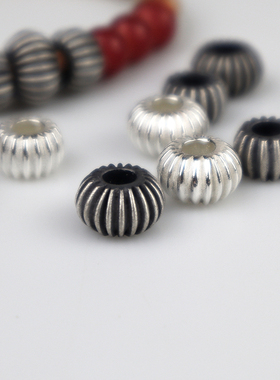 原创设计手工银饰隔珠印第安纳瓦霍925纯银散珠鹿皮绳项链灯笼珠