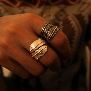 鹫见太郎双羽戒指925银羽毛吊坠印第安男女通用复古开口素银指环