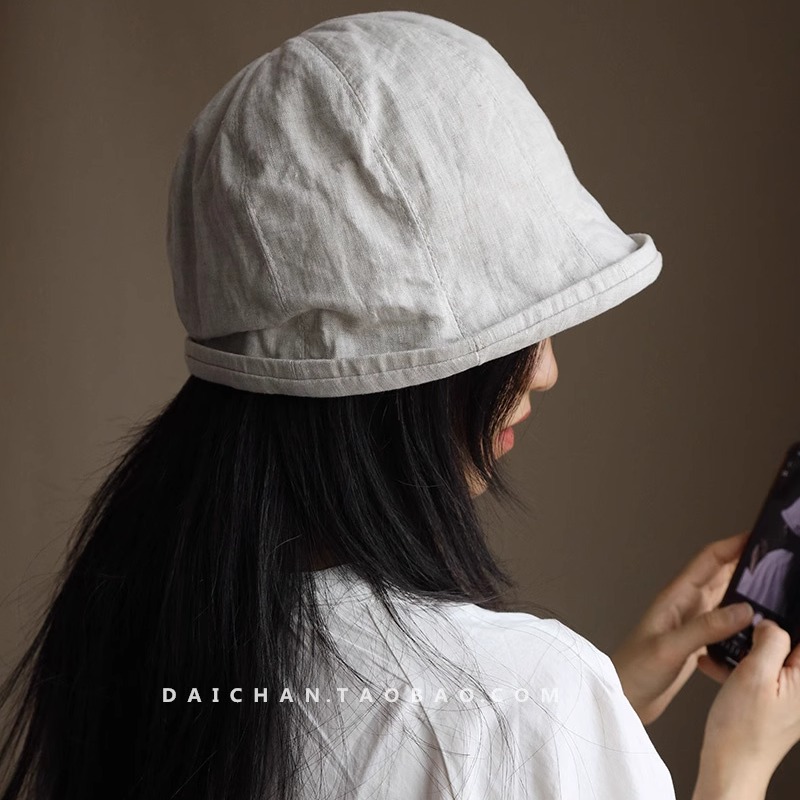 100%亚麻小帽檐水桶渔夫帽 小众薄款显脸小高级感盆帽 无负重女款
