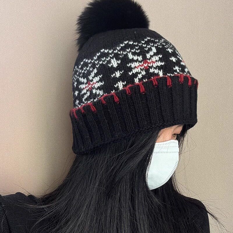 北欧风99.999%wool提花针织+狐狸毛球保暖毛线帽 男女款帽子