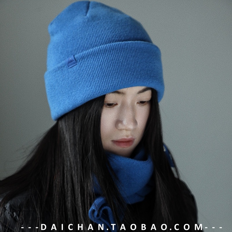 蓝色100%羊毛双层针织保暖帽 男女冬季高品质毛线帽 时尚韩版