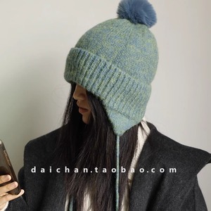混色吊球辫子毛线帽 时尚冬天保暖护耳雷锋帽 韩版时尚针织帽女生