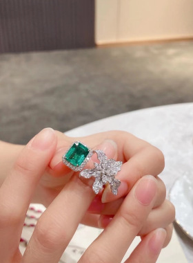 高级祖母绿开口戒指女ins奢华