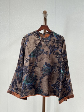 原创设计 重磅香云纱 时尚百搭气质蓝色妖姬盘扣秋季长袖衬衫7366