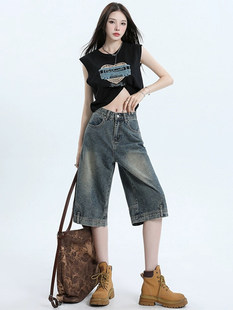 五分裤 倒穿牛仔短裤 宽松高腰阔腿直筒六分中裤 秋冬2026新款 女春季