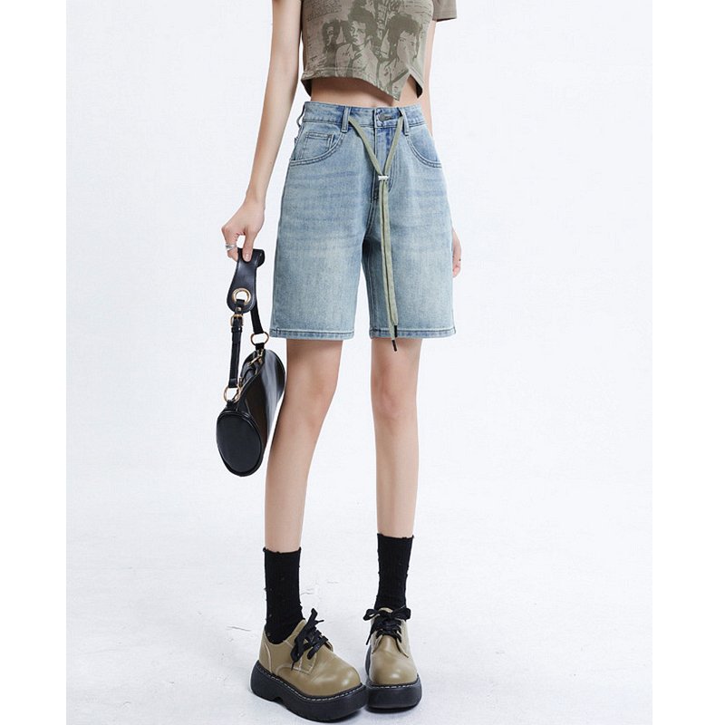 五分牛仔短裤女高腰宽松直筒系带