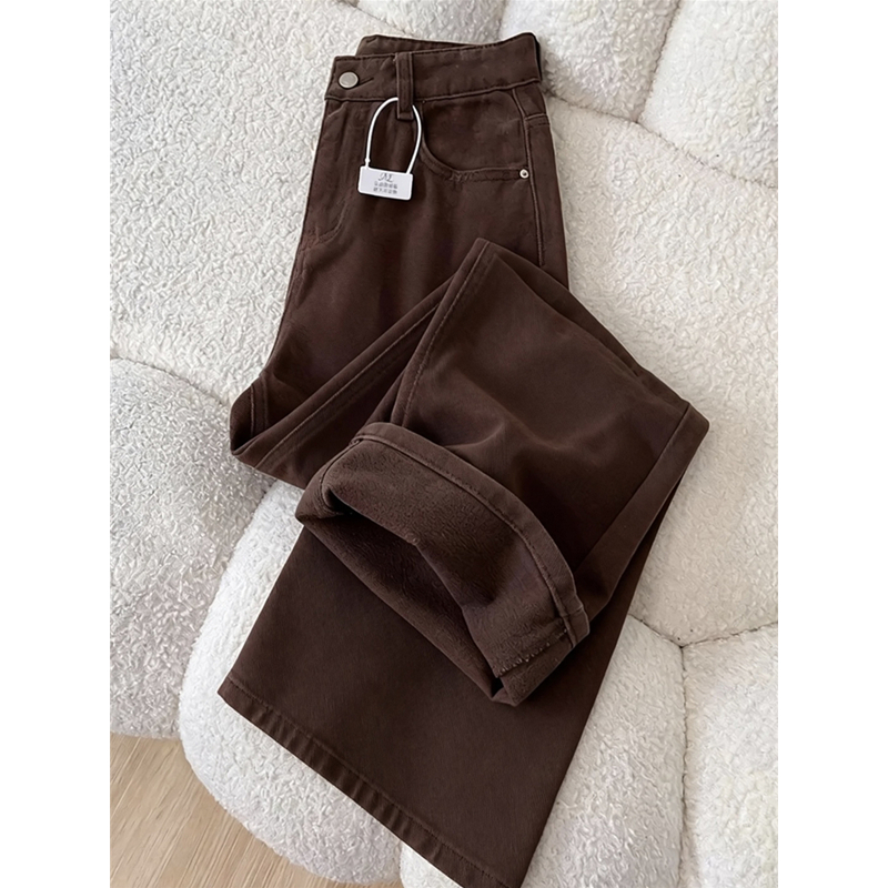 高级垂感咖棕色阔腿牛仔裤直筒