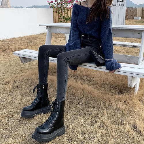 烟灰色高腰牛仔裤女小脚铅笔裤