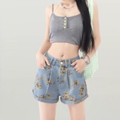 富贵花卷边印花牛仔短裤 高腰显瘦阔腿a字热裤 女秋季 秋冬2026新款