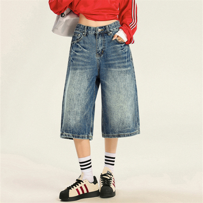 闪电纹宽松七分牛仔裤直筒裤短裤