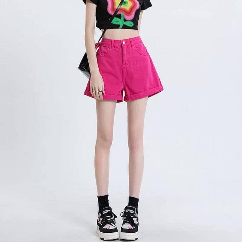 玫红色高腰卷边牛仔短裤a字热裤