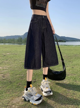 复古深蓝牛仔短裤女七分裤