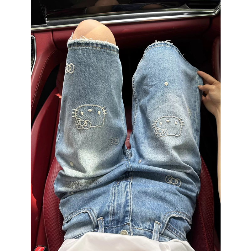 kitty头刺绣七分牛仔裤女秋冬秋季2025宽松设计感直筒裤五分短裤