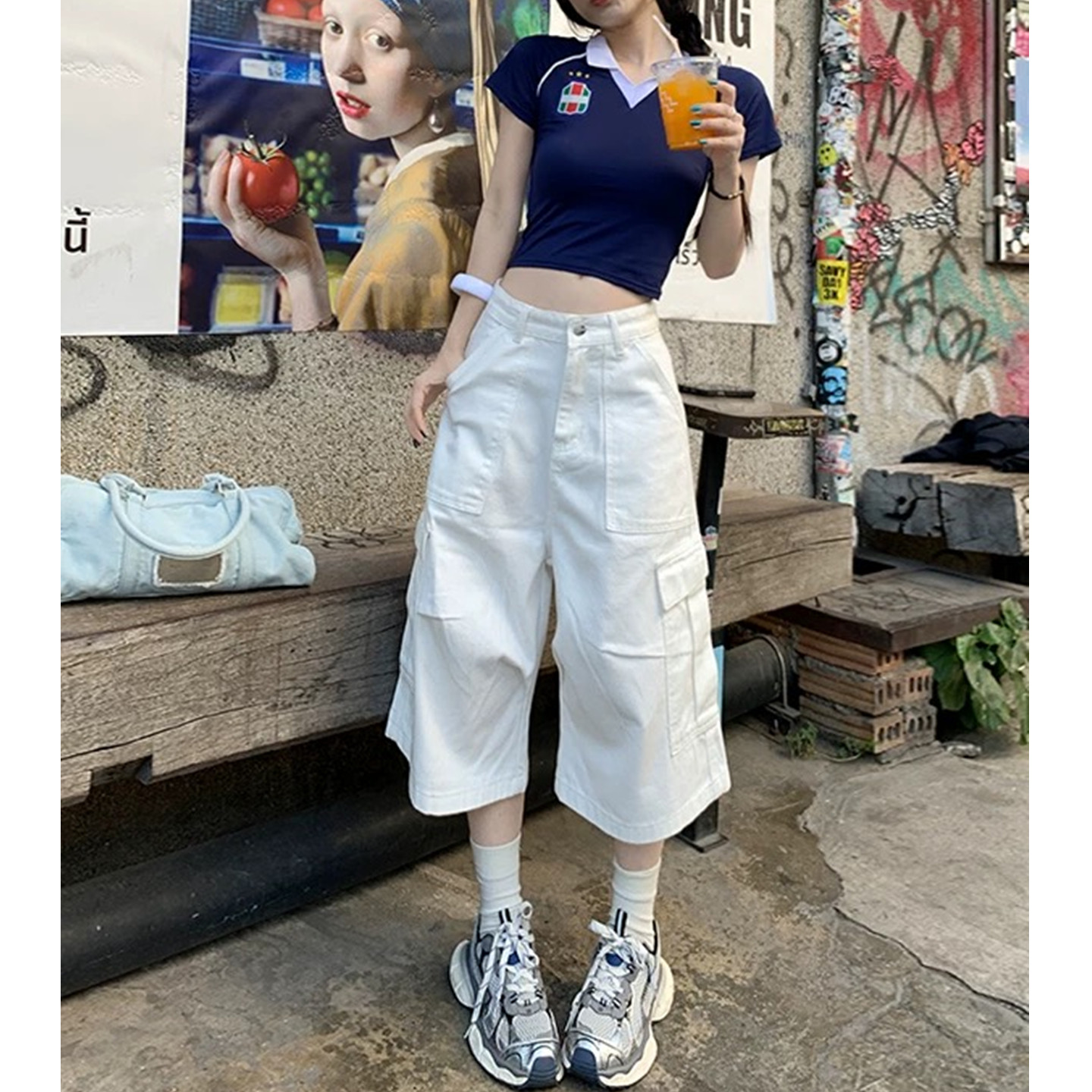 白色工装七分阔腿牛仔短裤女秋冬秋季2026宽松多口袋休闲直筒中裤