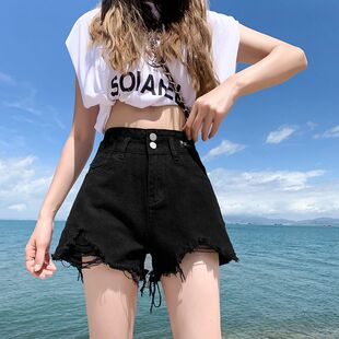 黑色高腰牛仔短裤女秋季秋冬2026新款宽松破洞显瘦a字毛边热裤子