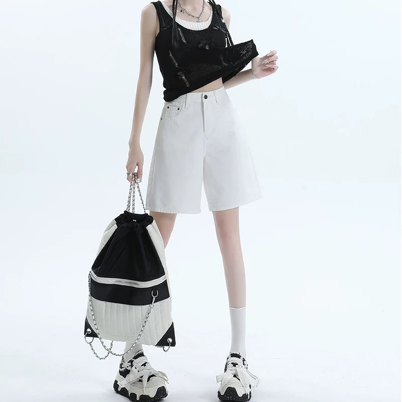 高腰五分牛仔短裤直筒阔腿小个子