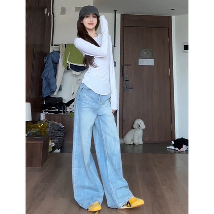 美式复古浅蓝色阔腿牛仔裤女2025年夏季薄款宽松垂感直筒拖地裤子