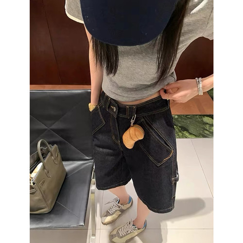 丹宁蓝牛仔短裤女宽松直筒五分裤