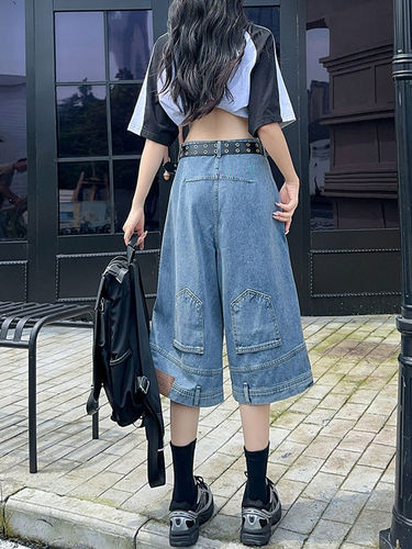 倒穿牛仔短裤女阔腿六分裤直筒裤