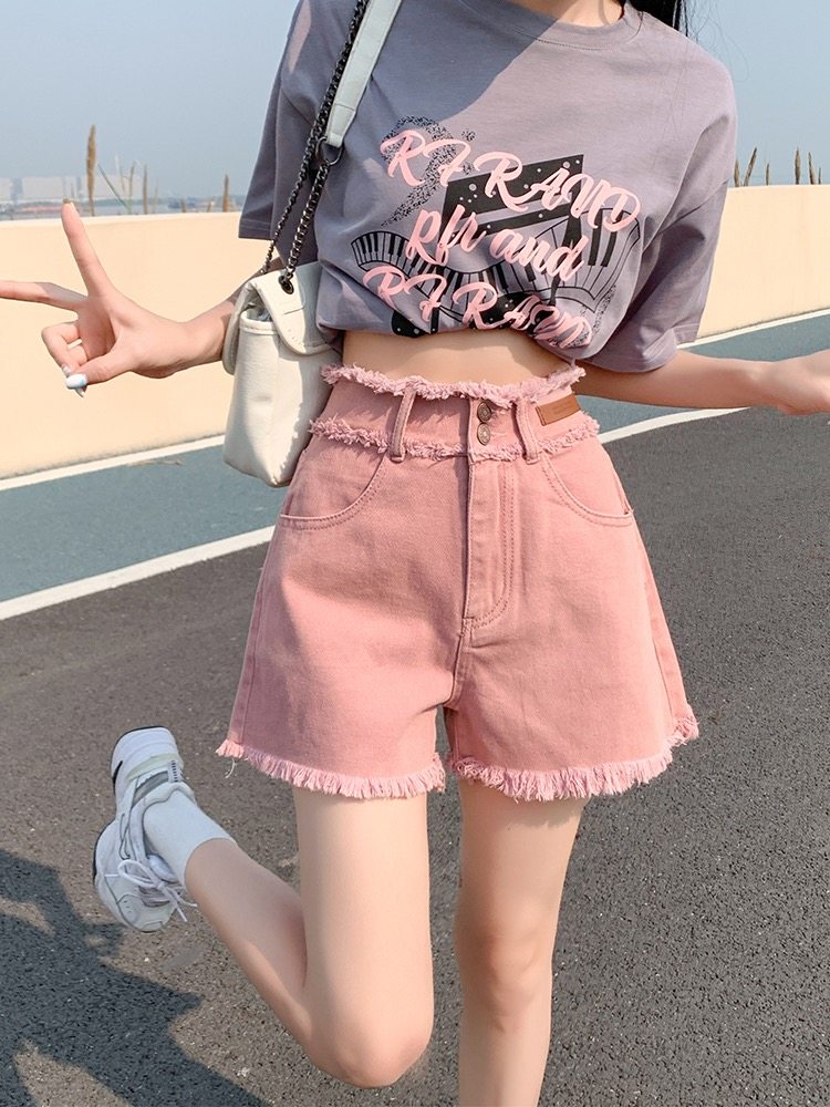 脏粉色牛仔短裤女高腰显瘦秋冬秋季2025新款毛边辣妹a字阔腿热裤,女装/女士精品,牛仔裤,淘宝优惠券,粉丝福利购,淘宝优惠卷