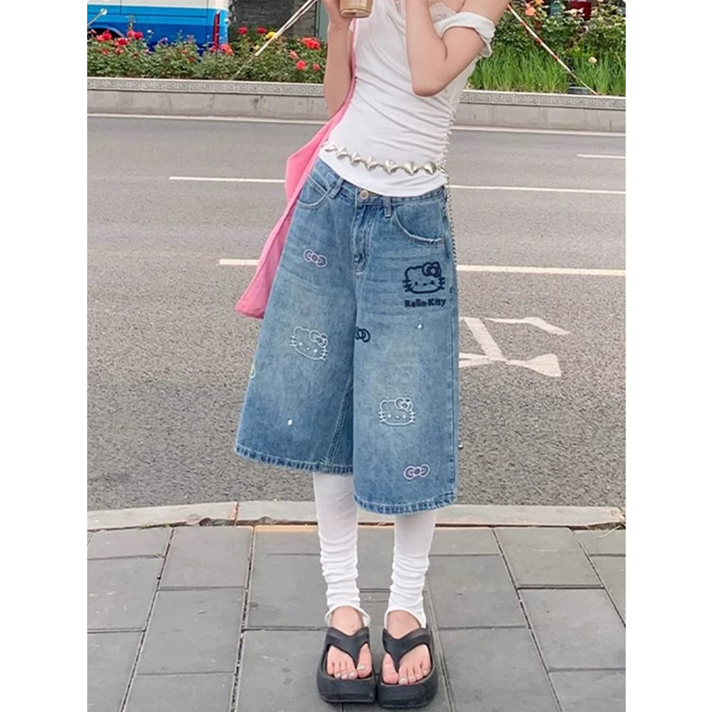 kitty头刺绣七分牛仔裤女秋冬秋季2025宽松设计感直筒裤五分短裤