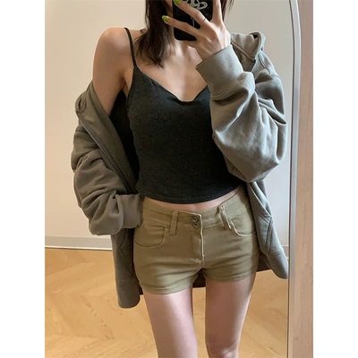 美式卡其色牛仔短裤双扣弹力包臀