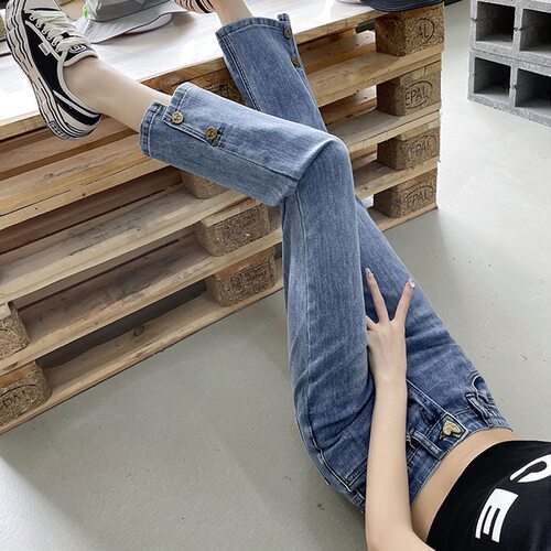 直筒牛仔裤女开叉九分烟管裤子